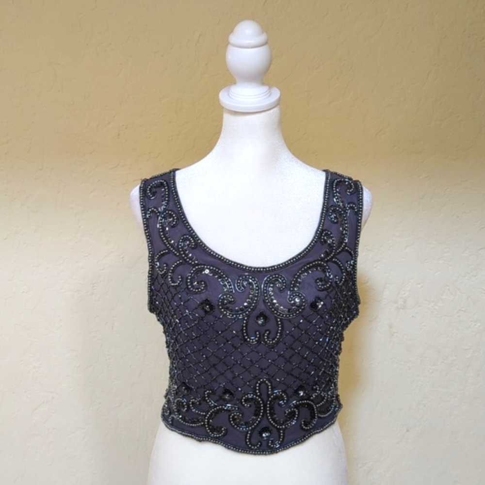 Vintage Kamsau Navy Beaded Cropped CamisoleTop Size Medium